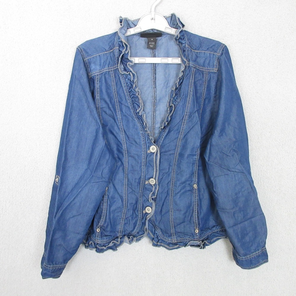 Lane Bryant Denim Jacket Womens 20 Blue Ruffle Trim Cotton Lyocell Button Front